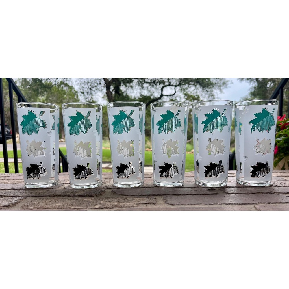 Vtg 50s MCM Libbey Frosted Turquoise White and Black Maple Leaf Highball Glasses